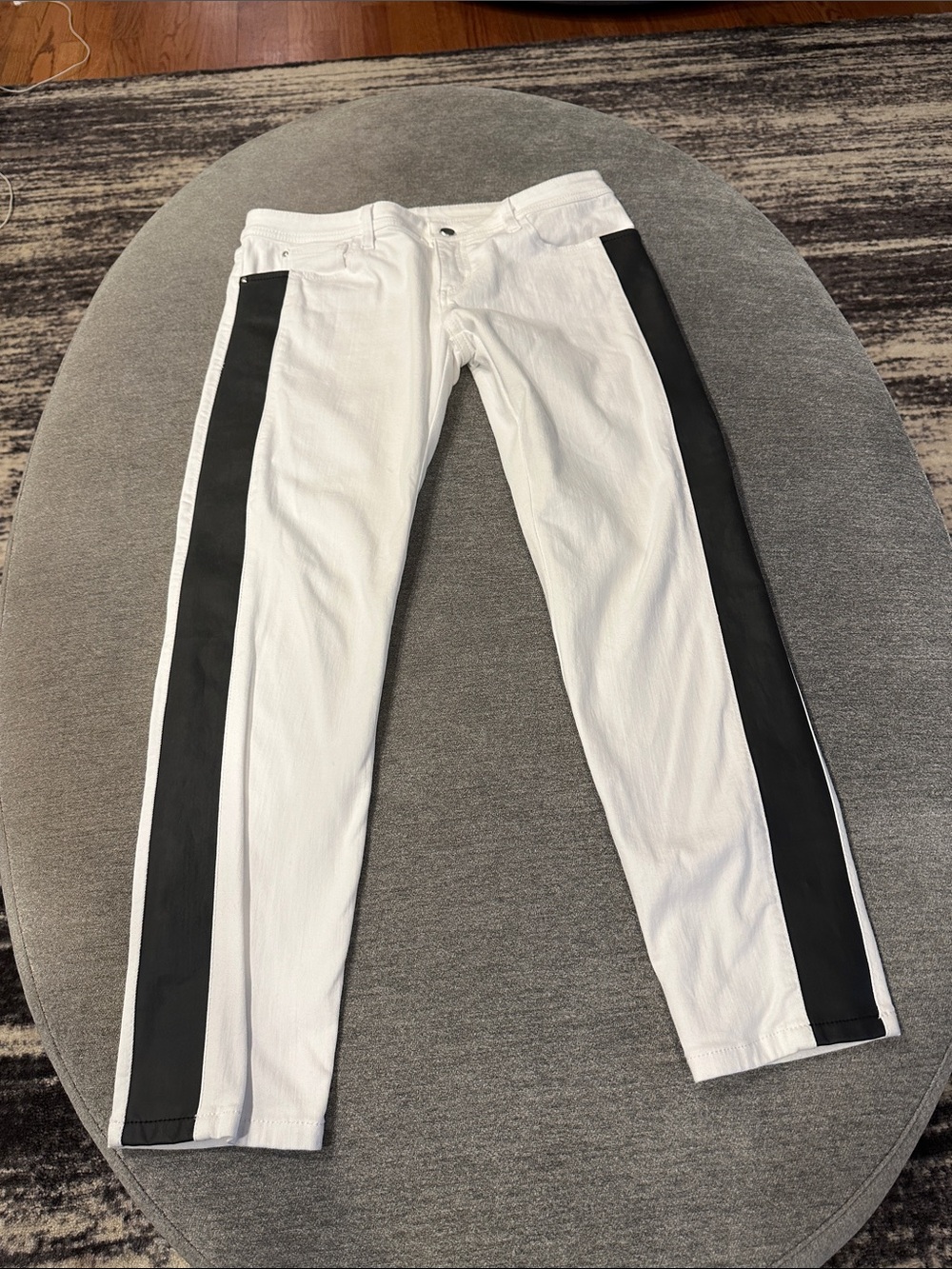 White jeans with black flex band